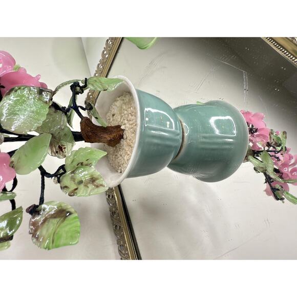 Beautiful Vintage Jade Glass Bonsai Tree Pink Flower Rose, Green Celadon Pot - Picture 5 of 10